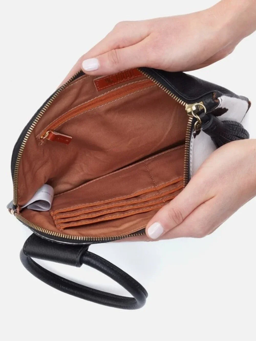 HOBO Wristlet Bag, New! Pony Hair Cowhide Leather, Tassel, Black Brown